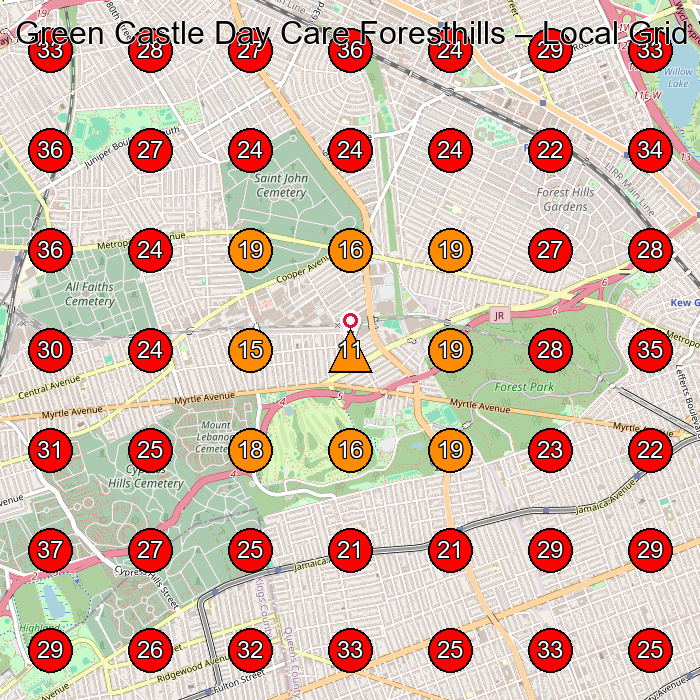 Green Castle Day Care Foresthills GeoGrid visibility map for Day Care Center in Kew Gardens